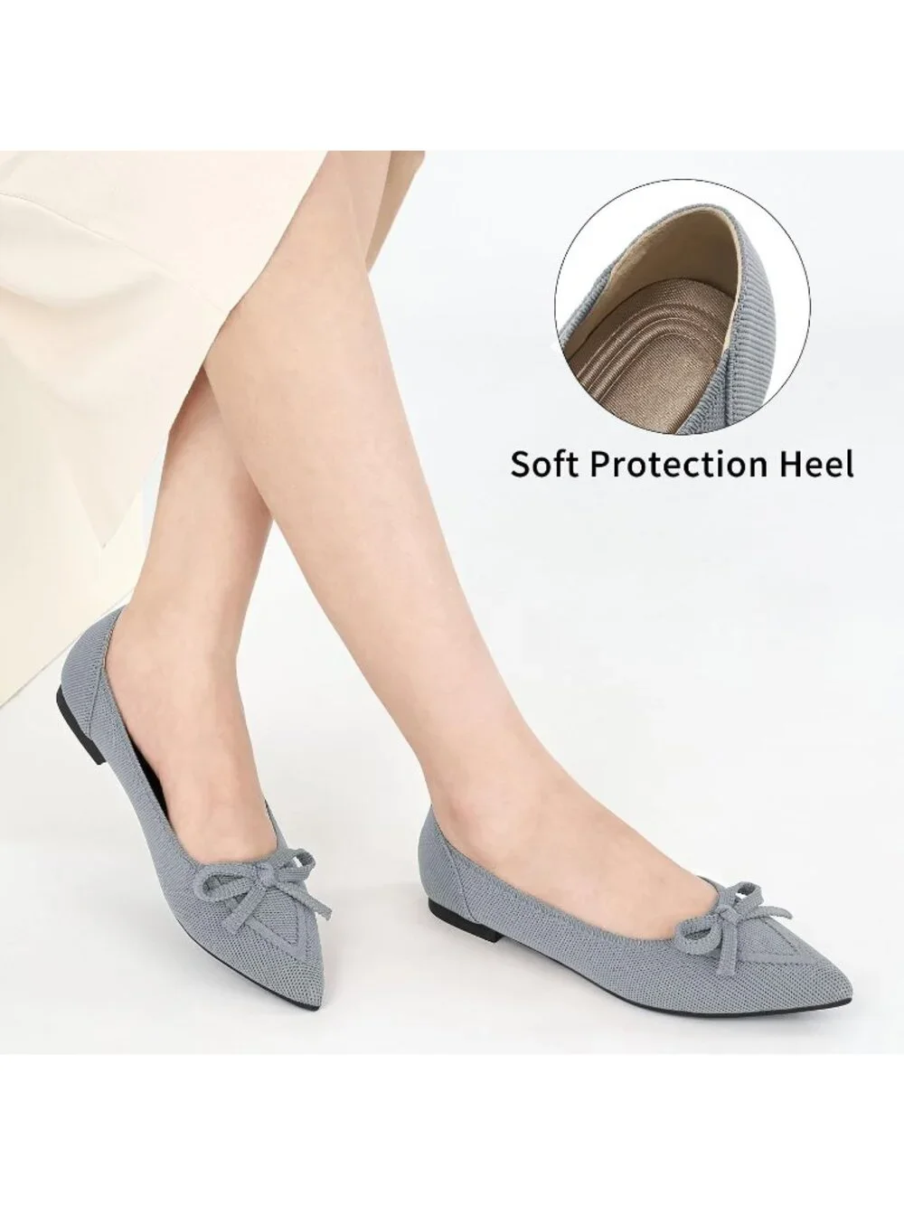 Women's Grey Ballet Flats Shoes Dressy Pointed Toe Bow Knit Flats Comfortable